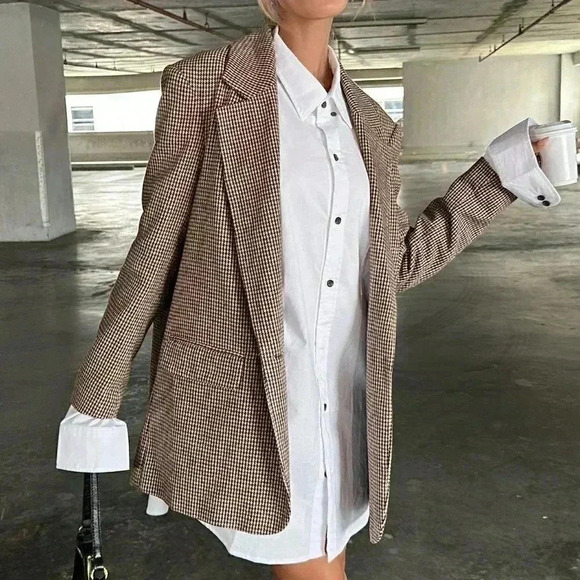 Brown Preppy Womens Lapel Neck Flap Detail Single Button Blazer - Picture 2 of 5